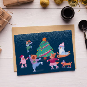 Cute Dogs Ice Skating Dark Blue Flat Holiday Card