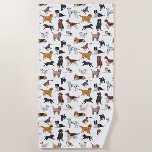 Cute Dogs Illustrations Pattern Beach Towel