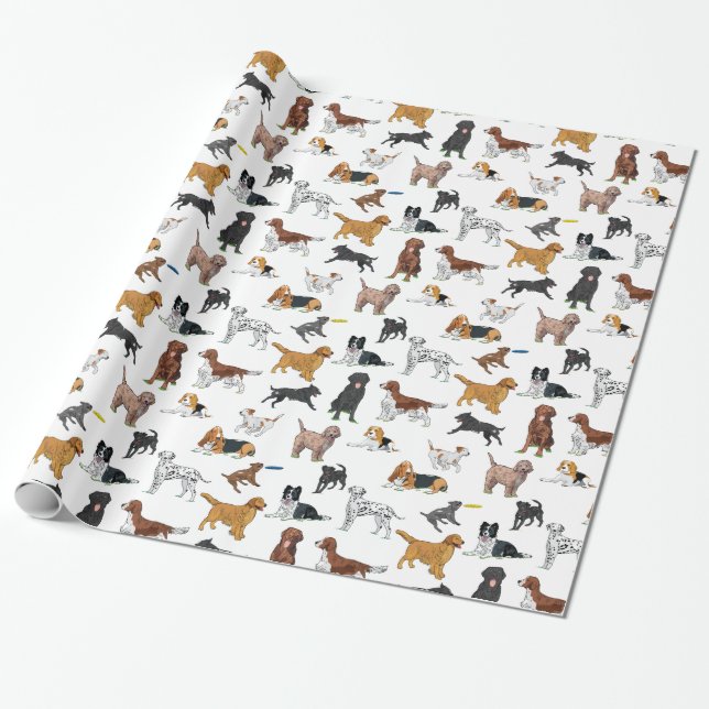 Cute Dogs Illustrations Pattern Wrapping Paper (Unrolled)