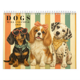 Cute Dogs in Retro Stripes, Colorful Pet Art Calendar
