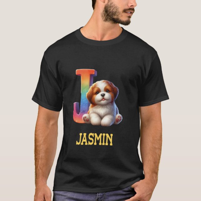 Cute Dogs Letter Jasmin Name Rainbow Dog T-Shirt (Front)