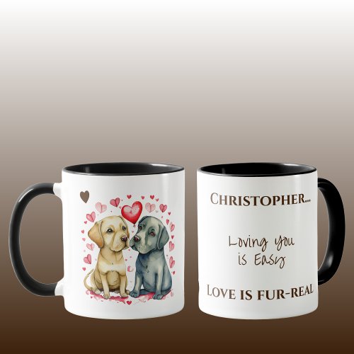 Cute dogs loving you personalized name brown mug