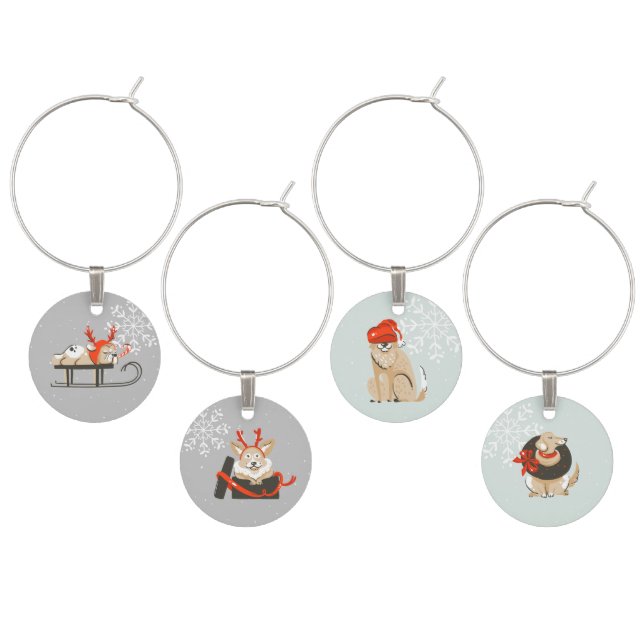 Cute Dogs Mid-Century Modern Christmas Wine Charms (Staggered)