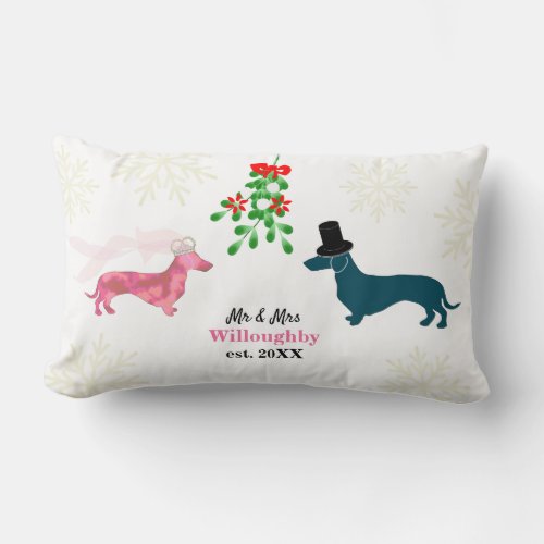 Cute Dogs Mistletoe Newlyweds First Christmas Lumbar Pillow