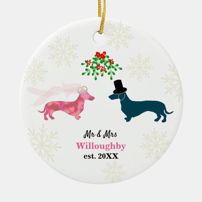 Cute Dogs Mistletoe Newlyweds Keepsake Christmas Ceramic Ornament (Front)