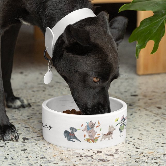 Cute Dogs Pattern Personalized Pet Food Bowl (Cute dogs pet custom name bowl)