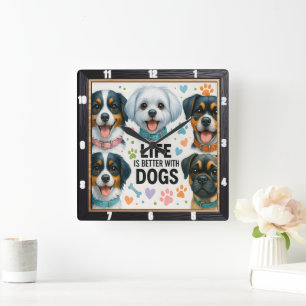 Cute Dogs Paws Heart Square Wall Clock