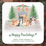 Cute Dogs Pet Business Dog Lover Christmas Square Sticker<br><div class="desc">Send christmas greetings this holiday season with this cute dogs, cats, puppies and kittens in a watercolor design. This animal lover holiday sticker features dogs, yellow labrador retriever, border collie, golden retriever, pomeranian, beagle and a husky malamute a fireplace scene with holiday trees, stockings and presents. Personalize with business name....</div>