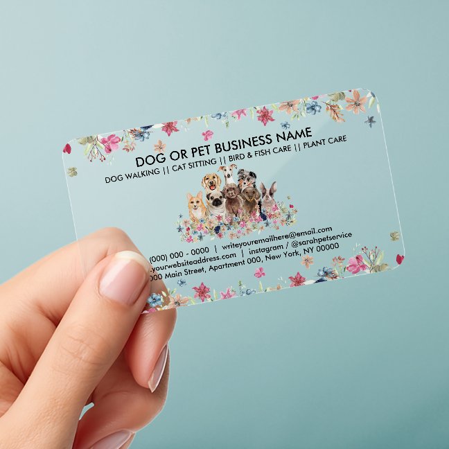 Cute Dogs Watercolor Floral Pet Sitting Dog Walker Clear Business Cards
