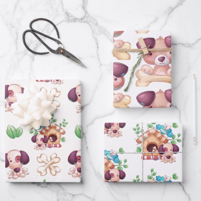 Cute Dogs With Bones Wrapping Paper Sheets (Front)