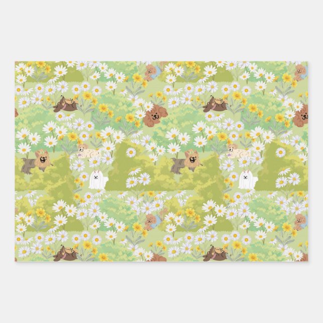 Cute Dogs With Daisy Flowers Seamless Pattern Wrapping Paper Sheets (Front)