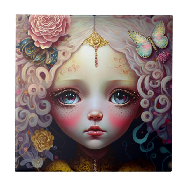 Cute Doll Girl Pink Hair Ceramic Tile (Front)