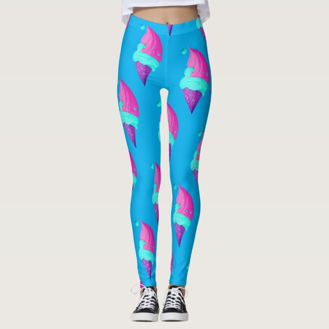 Cute Doll Girly Hot Pink Blue Ice Cream Pattern Leggings (Front)