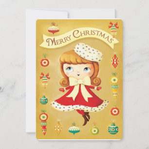 Cute Doll in Red Dress Vintage Christmas Card