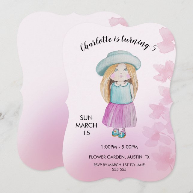 Cute Doll Watercolor Illustration Holiday Card (Front/Back)