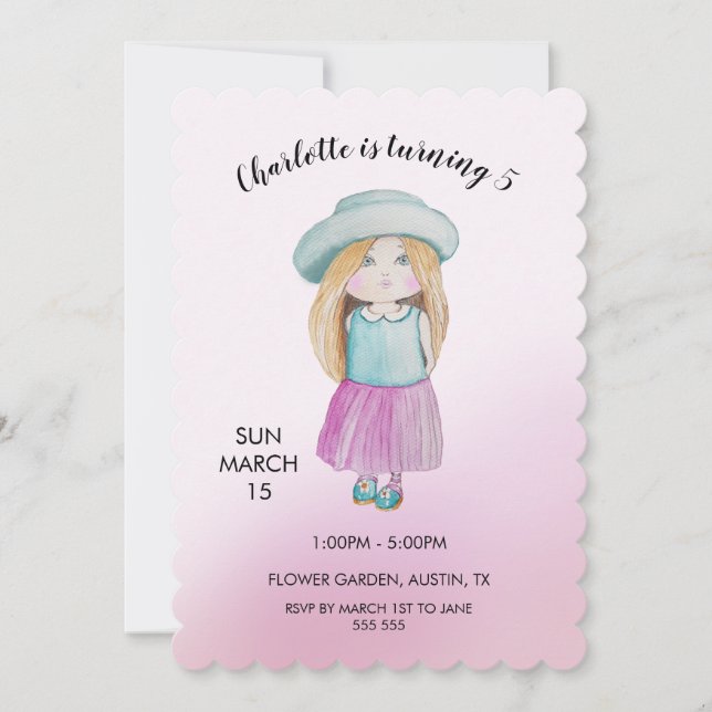 Cute Doll Watercolor Illustration Holiday Card (Front)