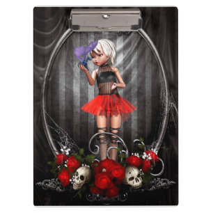 Cute Doll with Dragon, Skulls and Red Roses Clipboard