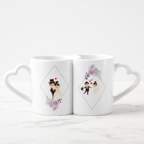 cute dolly shape bride  groom 4 sides coffee mug set