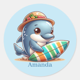 Cute dolphin add name surfing classic round sticker