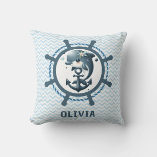 Cute Dolphin & Anchor inside Ship Wheel Nautical Throw Pillow