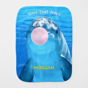 Cute Dolphin Blowing Bubble Gum, Name & Message Baby Burp Cloth