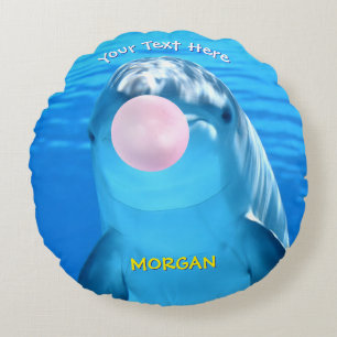 Cute Dolphin Blowing Bubble Gum, Name & Message Round Pillow