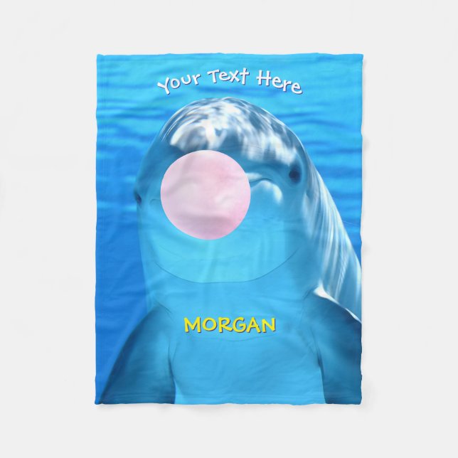 Cute Dolphin, Bubble Gum Bubble, Name & Message Fleece Blanket (Front)