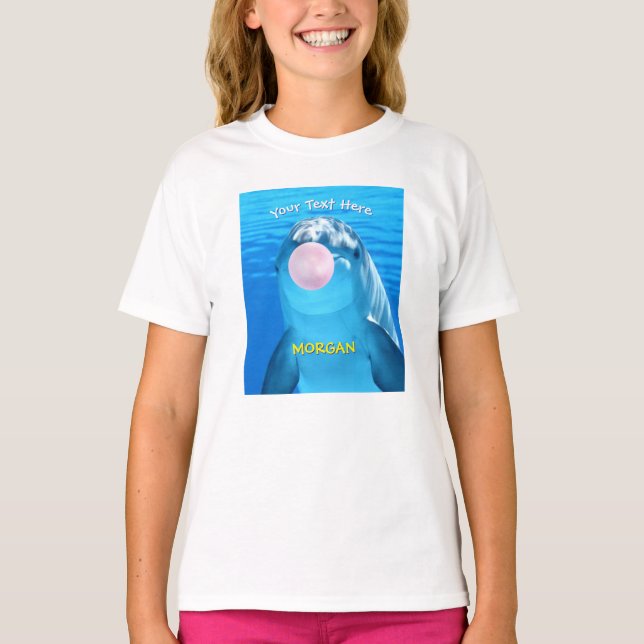 Cute Dolphin, Bubble Gum Bubble, Name & Message T-Shirt (Front)