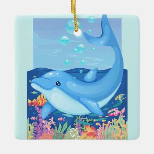 Cute Dolphin Bubbles Sea Life Ceramic Ornament