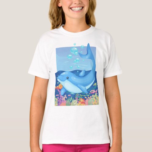 Cute Dolphin Bubbles Sea Life Girls T_Shirt