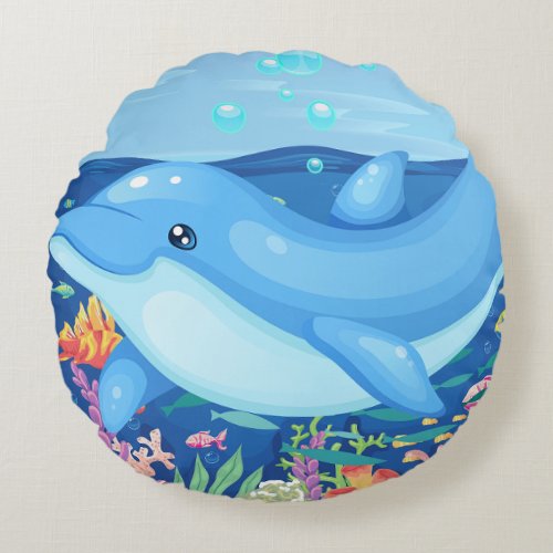 Cute Dolphin Bubbles Sea Life Round Throw Round Pillow