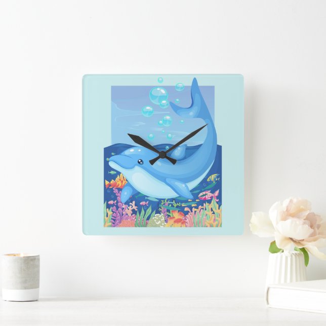 Cute Dolphin Bubbles Sea Life  Square Wall Clock (Home)