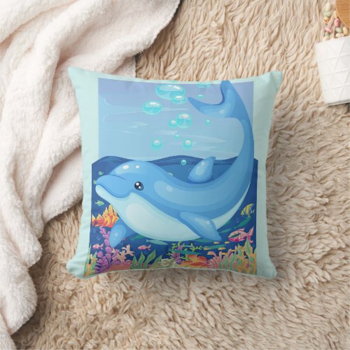 Cute Dolphin Bubbles Sea Life Throw Pillow