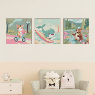 Cute dolphin, cat and bear set of 3 -watercolor  foam core photo tile 
