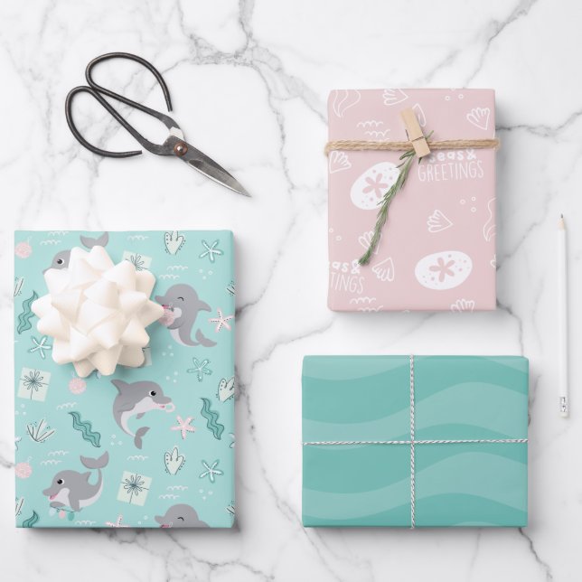 Cute Dolphin Christmas Wrapping Paper Sheets (Front)