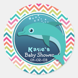 Cute Dolphin; Colorful Chevron Baby Shower Classic Round Sticker