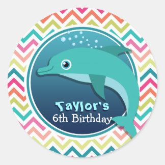 Cute Dolphin; Colorful Chevron Kid's Birthday Classic Round Sticker
