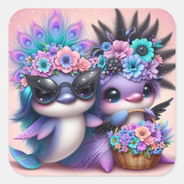Cute Dolphin Couple Square Sticker (Front)