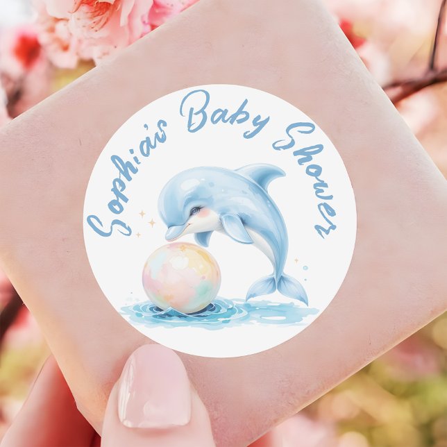 Cute Dolphin Dusty Blue Baby Shower Favor Classic Round Sticker (Creator Uploaded)