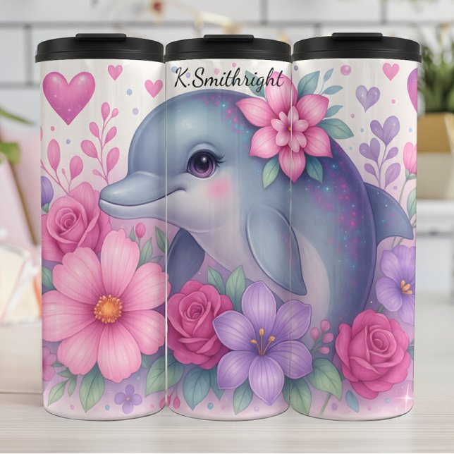 Cute Dolphin Flowers Hearts Sparkles Thermal Tumbler (Creator Uploaded)