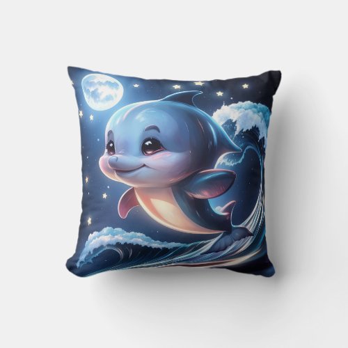 Cute Dolphin Flying above Sea to Enjoy Full Moon Throw Pillow
