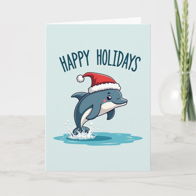 Cute Dolphin Happy Holidays Santa Hat Card (Front)