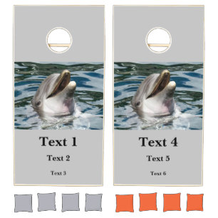Cute Dolphin Image Six Custom Text Printed Grey Cornhole Set