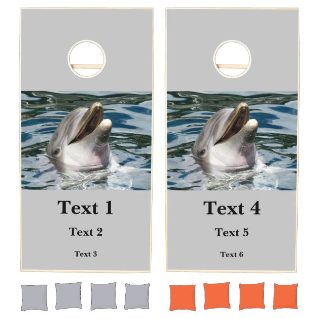 Cute Dolphin Image Six Custom Text Printed Grey Cornhole Set (Set)