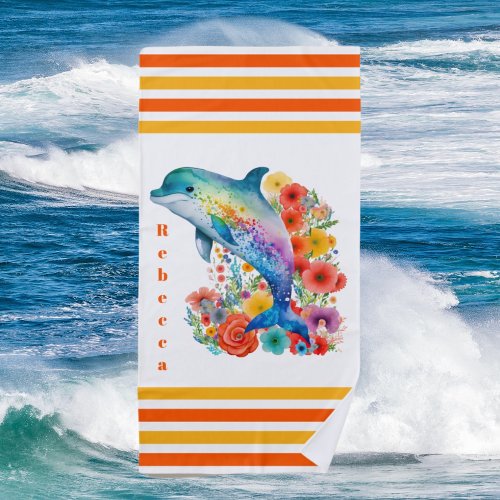 cute dolphin lovers add name  beach towel