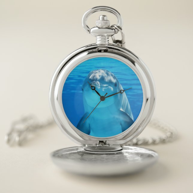 Cute Dolphin Marine Animal in Blue Sea Pocket Watch (Inside)