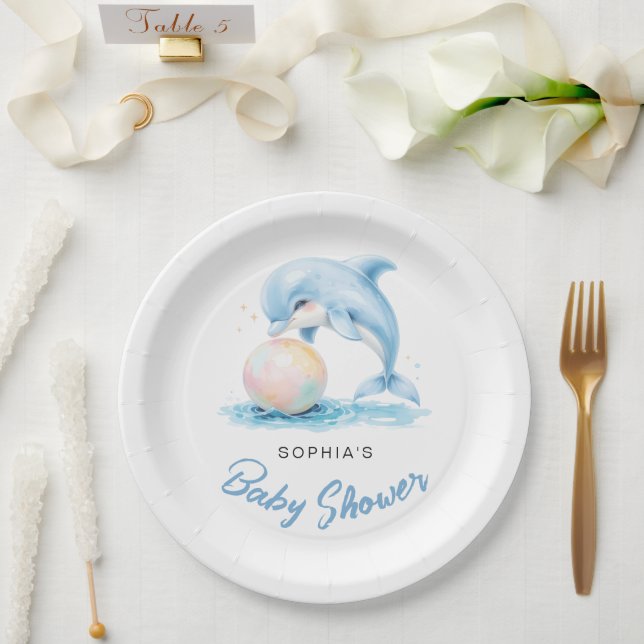 Cute Dolphin Minimalist Baby Shower Paper Plates (Wedding)