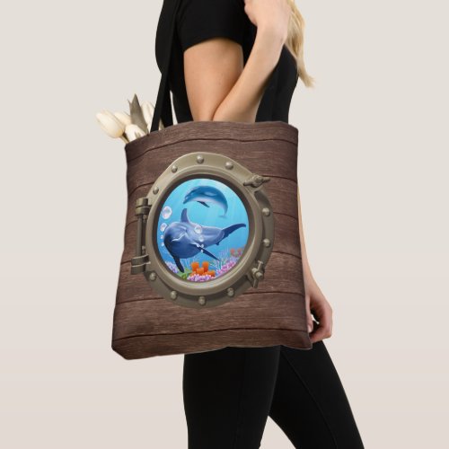 Cute Dolphin Ocean Nautical Wood Ship Porthole Tote Bag