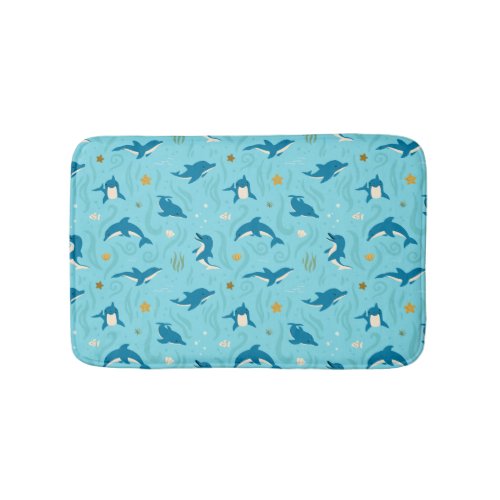 Cute Dolphin Pattern Cartoon Style in Blue Bath Mat