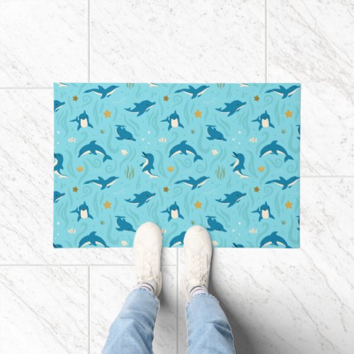 Cute Dolphin Pattern Cartoon Style in Blue Doormat